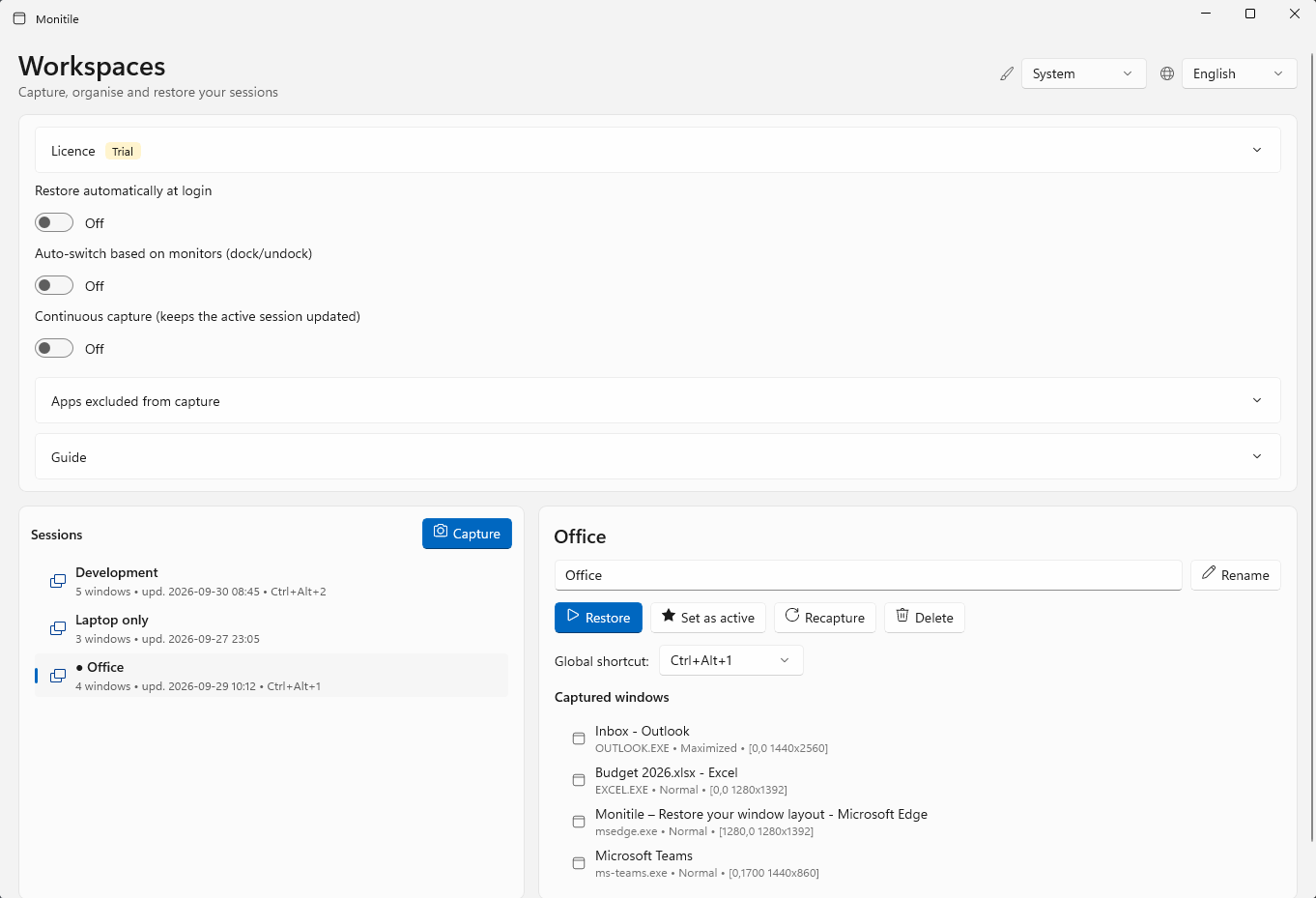 L'Editor di Monitile: a sinistra l'elenco delle sessioni salvate, a destra la sessione Office con le quattro finestre catturate, la scorciatoia Ctrl+Alt+1 e i pulsanti Ripristina, Imposta attiva, Ricattura.